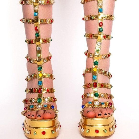 Callie Lives in Egypt Gold Highrise Gladiator Gemstone Platform Chunky Heels 10 - Picture 4 of 5